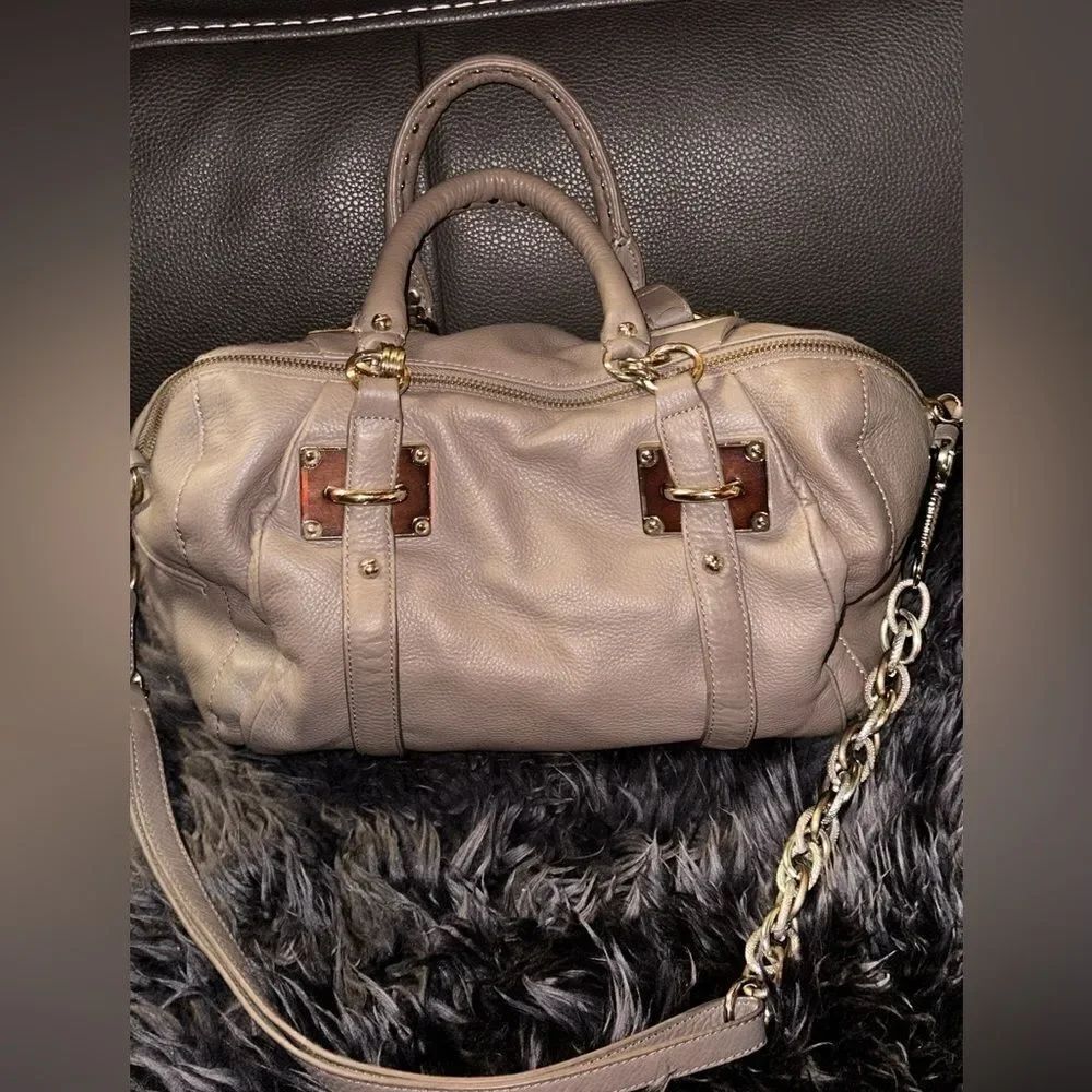 ELLIOTT LUCCA Pebbled Leather Belted Grey Hobo Shoulder Bag Chain Detail